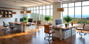 3D render interior design Office Room . Office desks with office chairs. Concept of working place. 3d rendering