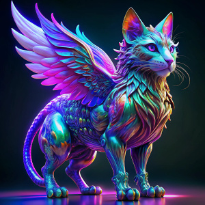 Imagina un gato con la forma y elegancia de un grifo, pero hecho completamente de cristal. Este ser mágico tiene líneas finas y detalladas que imitan las características de un grifo, como la cabeza de águila y el cuerpo de león. Su estructura transparente permite ver a través de él, revelando una combinación de colores y reflejos que dan la impresión de un espectro de luz.
Cada detalle, desde las garras hasta las alas desplegadas, está esculpido con precisión en cristal, creando una obra de art
