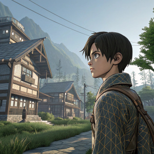 Digital illustration of Eren Yeager from Attack on Titan. Futuristic village scene with structures and natural elements. Eren has a determined look with dark hair and a 3D wireframe appearance.