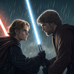Digital illustration of Star Wars Episode III DVD cover featuring stylized Anakin Skywalker and Obi-Wan Kenobi in dramatic confrontation. Dark and moody color palette