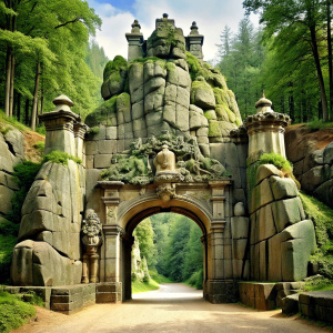 A park entrance made of cliff rocks with relief on it