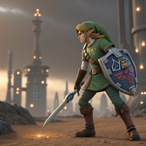 A detailed 3D model of Link from The Legend of Zelda, standing heroically. Posed in action stance. Environment is a barren, futuristic landscape.