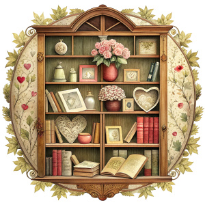 vintage bookcase clipart, vintage, White background, clear Borders