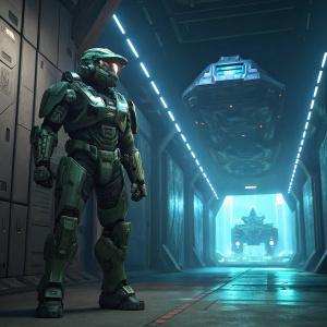 Illustration for Halo Infinite. Master Chief in full MJOLNIR armor. In the background, a highly detailed alien ship. Industrial, futuristic setting. Dimly lit corridor with neon blue lights