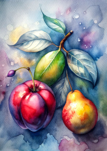 spring fruits colour marsala and grey, watercolor style