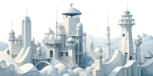 White illustration, Wes Anderson aesthetics style, 
surreal collage of many complex metal steely residential buildings and bridges with lighthouse, the bigest ocean and more huge sky, gain paper