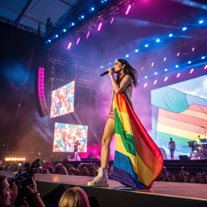 Dua Lipa performs at Coachella. Wearing a colorful flag-inspired outfit. Stage lit with vibrant lights and screens showing dynamic visuals