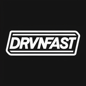 Modern logo for DRVNFAST. Bold, white sticker with sans-serif font. Clean, minimalist design. Set against a black background.