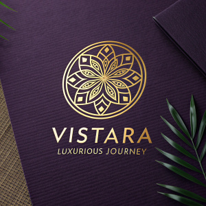 Digital illustration of Vistara's logo. Dark purple background, golden emblem with intricate patterns, sleek modern font for 'Vistara'. Tagline promoting a luxurious journey.