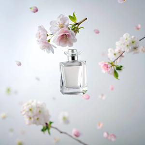 Product photography, [a bottle of glass perfume product suspended in the air], light, floating, behind the floating [roses and cherry], clean solid [white] color background, commercial photo, advertising images, professional lighting, high dynamic capture, the picture is very dynamic high-definition details, 4K, clean and simple picture --ar 3:4 