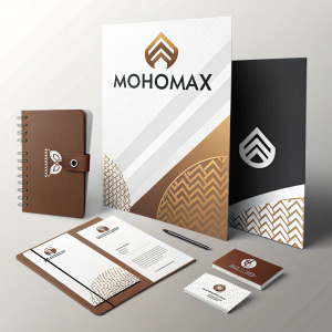 Promotional materials for Mohomax include branded folders, letterhead, business cards, and envelopes. Featured elements are the Mohomax logo, brown, white, black, and metallic accents.