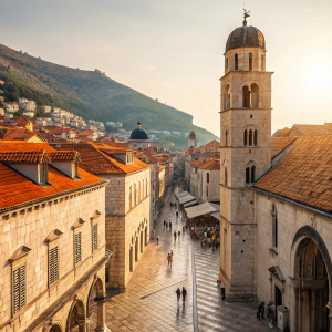 Photorealistic image of Dubrovnik's historic district. Ancient church with stone facade and arches. Bustling city street filled with orange-tiled rooftops and towering buildings. Golden sunlight illuminates the cobblestone path.