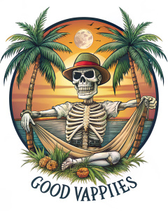 The picture shows a skeleton in a hammock. The skeleton is wearing a hat and holding a beer. The hammock is hanging between two palm trees. The sun is setting in the background. The text "Good Vibes" is written at the top of the picture. The text "Vintage Apparel Co." is written at the bottom of the picture.. A vibrant and nostalgic t-shirt design, evoking a sense of fun and freedom. , evoking a sense of fun and freedom. Vector t shirt design on a white background