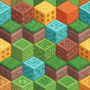 An isometric pixel art design showcasing a vibrant grid of Minecraft blocks. Each block, detailed and textured, brings a unique hue to the canvas, creating a blocky masterpiece.
