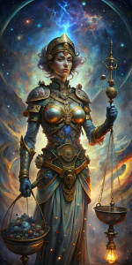 Crea una imagen de una figura galactica sosteniendo una balanza en un universo de infinitas posibilidades, aplicando la justicia con imparcialidad y sabiduría en un mundo de dualidades y contradicciones. Ropa y entorno Steampunk. hiper Realista. Finos detalles