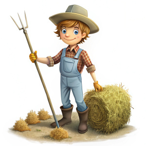 Cartoon farmer collecting hay with pitchfork on white background