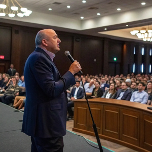 Kevin O'Leary, in a navy blue suit, addressing a large audience at a startup conference. The room is filled with startup founders and investors. Microphone stand visible in front of him.