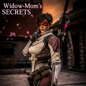 Digital artwork of Widowmaker, a character from Overwatch. Raven-haired, ponytailed assassin in battle-ready beige and brown outfit. Clutching a high-tech weapon, she stands against a warm, fiery backdrop. Subtle text reads 'Widow-Mom's' secrets'