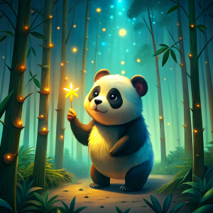 a big cute panda making a wish at night in a bamboo forest, cartoon style