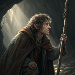 Hobbit Bilbo Baggins, looking weary and grave. Wearing tattered robes, holding a gnarled staff. Dimly lit cave background.