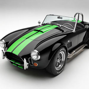 A modern art rendering of a Shelby Cobra car, finished in matte black with vibrant green stripes running along the hood.