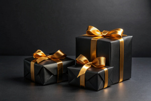 Black Friday. Cyber Monday. Black christmas boxes with golden ribbon on black background with copy space for text.