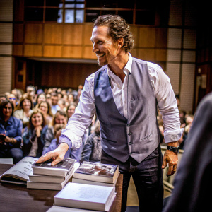 Matthew McConaughey at a book signing. Smart casual outfit. Crowd in background.