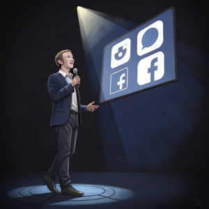 Mark Zuckerberg, Facebook CEO, giving a speech. Dark stage with spotlight. Behind him, large screen displaying social media chat icons.