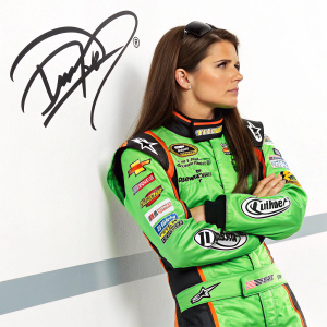Danica Patrick, in green racing gear, posing for an autographed relic card. NASCAR backdrop, simple and clean