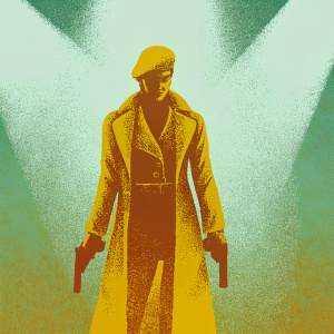 Atomic Blonde movie poster. Charlize Theron stands confidently, holding a gun. The background is dimly lit with intense spotlights