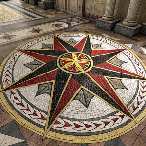 Detailed floor mosaic in the Saint Andrew's Cathedral, Amalfi, Italy. Red, black, and yellow pieces create intricate starburst design. Some tiles are worn, adding historical charm. Vibrant colors contrast with darker background.