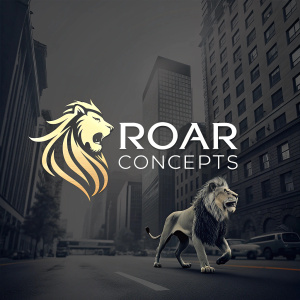 Modern logo design for Roar Concepts featuring a dynamic lion symbol on the left and sleek text on the right.