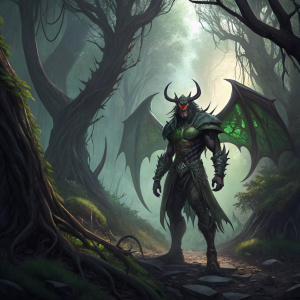Digital artwork featuring Illidan Stormrage from Warcraft. Dark, dense forest as backdrop, with intricate details and textures