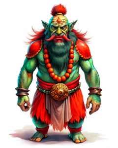 bad and ugly shaman dwarf illustration, red accessories, doing sorcellery, vintage cartoon effect, white background