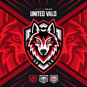 Digital illustration for United Valo's Twitch banner. Dominant red and black color scheme. Stylized wolf's head logo centered. Modern t-shirt design incorporated. Twitch chat, panels, and facecam sections integrated seamlessly. Edgy and bold aesthetic with intricate graphic elements.