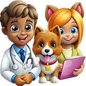 community of veterinary experts with medical records in white coat in hand and mask on their mouth look at a small dog lying on the table in the clinic suffering