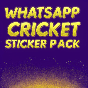 Promotional image for WhatsApp cricket sticker pack. Bright blue background, playful font, cricket logo. Target audience: cricket fans and WhatsApp users.