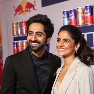 Ayushmann Khurrana and Tania Sachdev, smiling for photographers at a corporate event. Red Bull cans and branded graphics in the background.