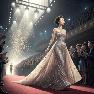 Carina Lau graces the runway at a high-profile fashion show in Hong Kong, wearing a stunning gown. The crowd is cheering