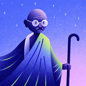 Cartoon version of Mahatma Gandhi in vibrant blue and green gradient. Wields a walking stick. Peaceful demeanor.