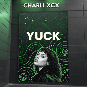 Charli XCX's album 'YUCK' showcased on a neon green canvas. The artwork features a dark, moody aesthetic with swirling patterns and abstract shapes. The word 'YUCK' stands out in bold, white letters.