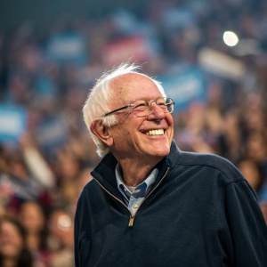 Bernie Sanders, smiling warmly, against a blurred backdrop of cheering crowd. Dressed in casual attire.