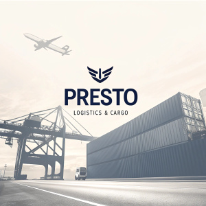 Logo design for Presto Logistics & Cargo. Modern, sleek look. Bold 'presto' text. Dark, professional color scheme. Simple and clean style.