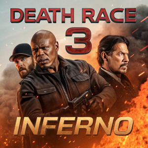 Promotional poster for 'Death Race 3: Inferno'. Features Luke Goss, Ving Rhames, and Danny Trejo amidst an explosive, fiery orange and gray scene.