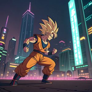 Digital illustration of Goku Chiquito, Dragon Ball Z character, in an intense action-pose. Neon cityscape background