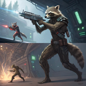 Concept art for Guardians of the Galaxy. Rocket Raccoon and Groot in futuristic battle scenes. Varied stages of development and action poses