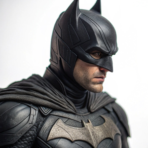 High-definition image of Robert Pattinson as Batman. Dark and gritty aesthetic. Close-up shot of the figurine's detailed facial features and intricate costume design. Against a plain white backdrop. Studio-quality lighting highlights the figurine's texture and craftsmanship.