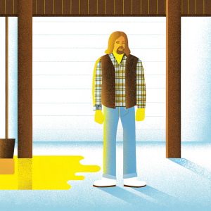 Charismatic Jax Teller from Sons of Anarchy. Wearing rugged attire: plaid shirt, leather vest, blue jeans, white sneakers. The scene is set in a dimly lit garage, with oil stains on the floor and shadows casting on the walls.