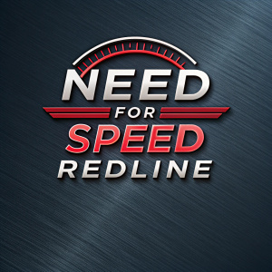 High-speed racing game 'Need for Speed Redline' logo. Dark metallic background, sleek design with the words 'NEED', 'SPEED', 'REDLINE' forming a dynamic pattern.