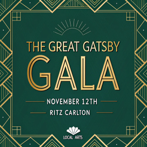 Digital poster for The Great Gatsby Gala. Dark green background with shimmering gold text. Prominent display of event details: November 12th, Ritz Carlton, benefiting local arts. Luxurious design elements evoke elegance and sophistication.